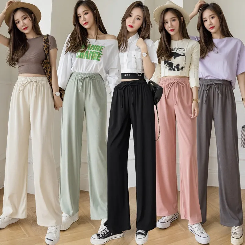 Ice Silk Wide Leg Women High Waist Drape Loose Straight Casual Slim-Look All-Matching Floor Length Pants