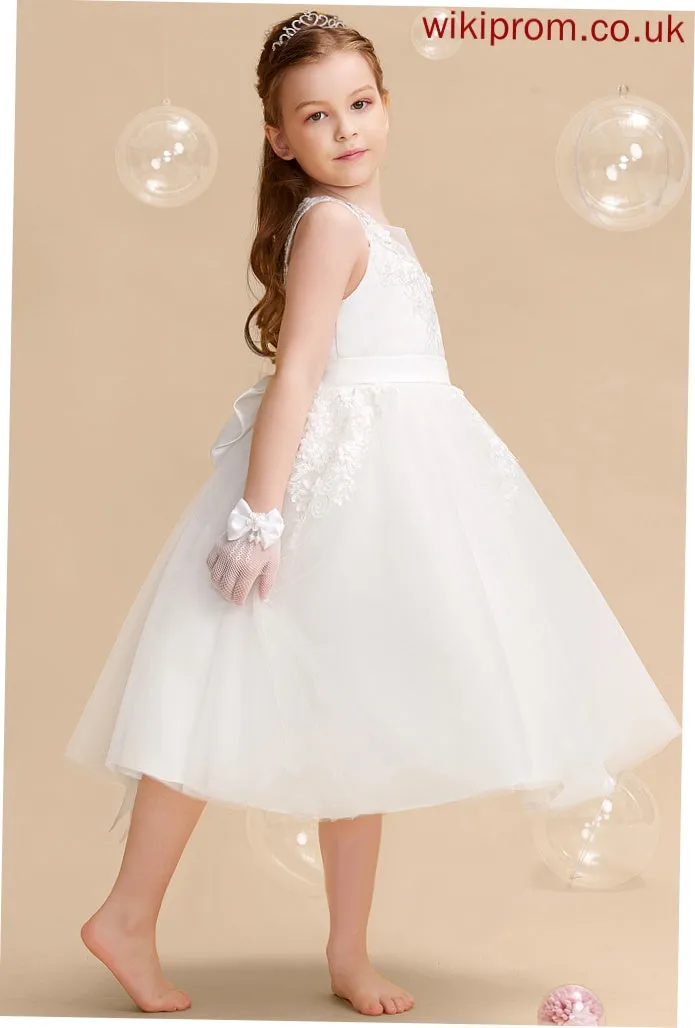 Jaslene Girl Dress - Flower Sleeveless Flower Girl Dresses Neck With Tea-length A-Line Tulle/Lace Beading/Flower(s) Scoop