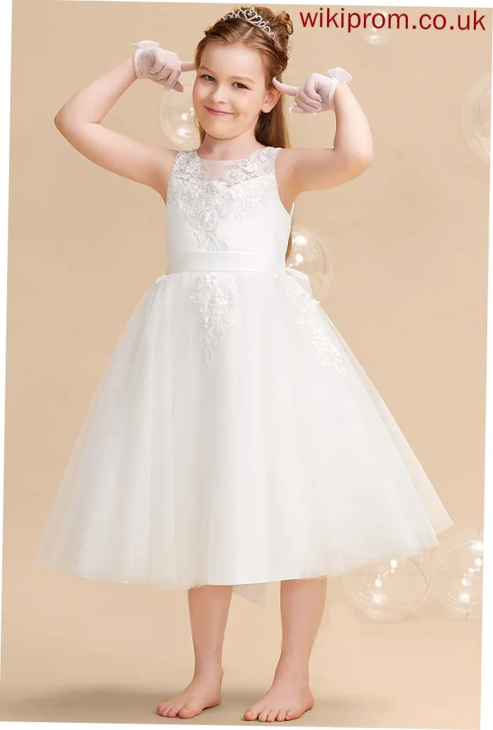 Jaslene Girl Dress - Flower Sleeveless Flower Girl Dresses Neck With Tea-length A-Line Tulle/Lace Beading/Flower(s) Scoop