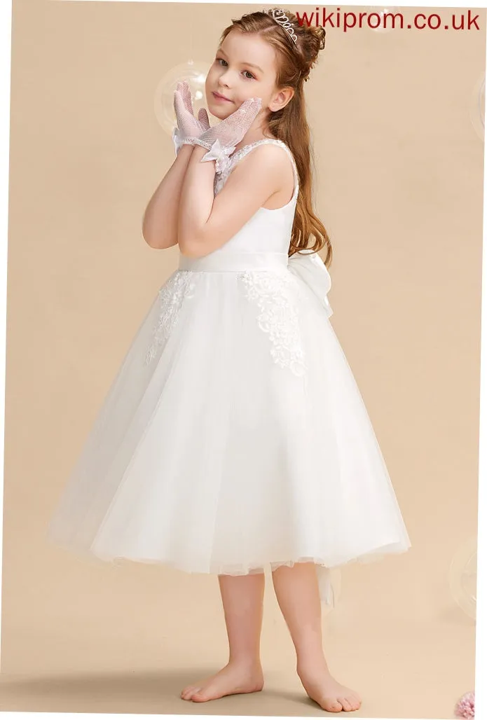 Jaslene Girl Dress - Flower Sleeveless Flower Girl Dresses Neck With Tea-length A-Line Tulle/Lace Beading/Flower(s) Scoop