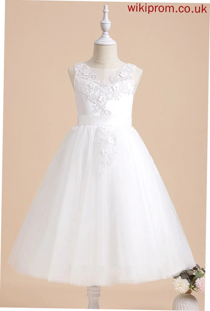 Jaslene Girl Dress - Flower Sleeveless Flower Girl Dresses Neck With Tea-length A-Line Tulle/Lace Beading/Flower(s) Scoop