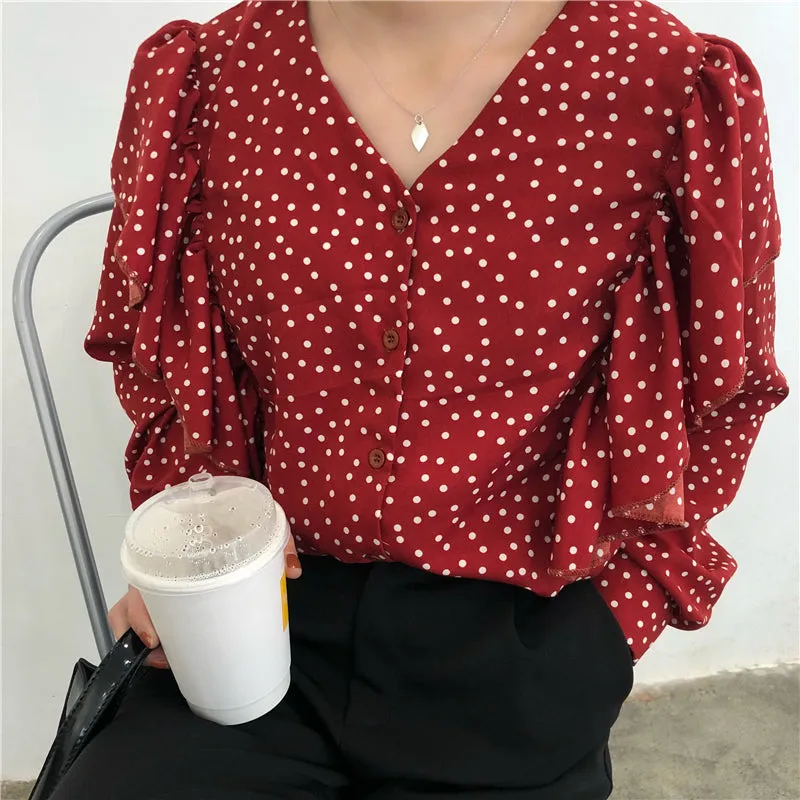 [Korean Style] Kaith V-neckline Poka Dot Blouses