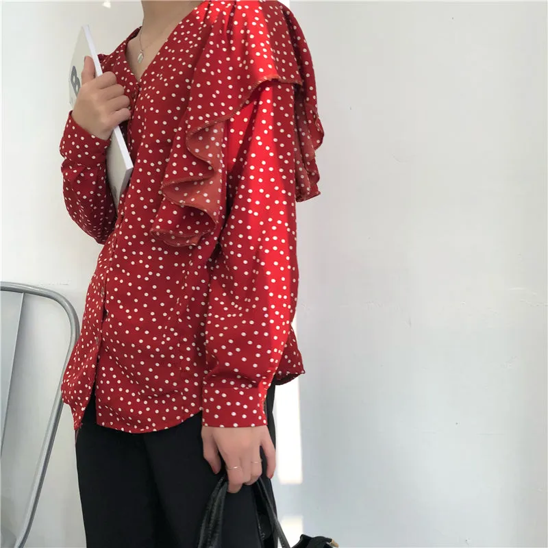 [Korean Style] Kaith V-neckline Poka Dot Blouses