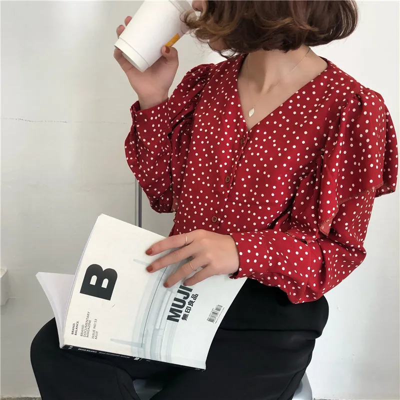 [Korean Style] Kaith V-neckline Poka Dot Blouses