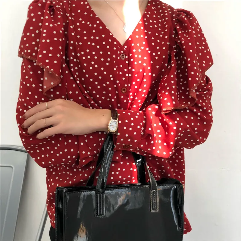 [Korean Style] Kaith V-neckline Poka Dot Blouses