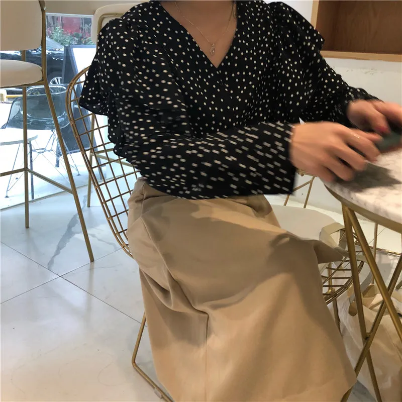 [Korean Style] Kaith V-neckline Poka Dot Blouses