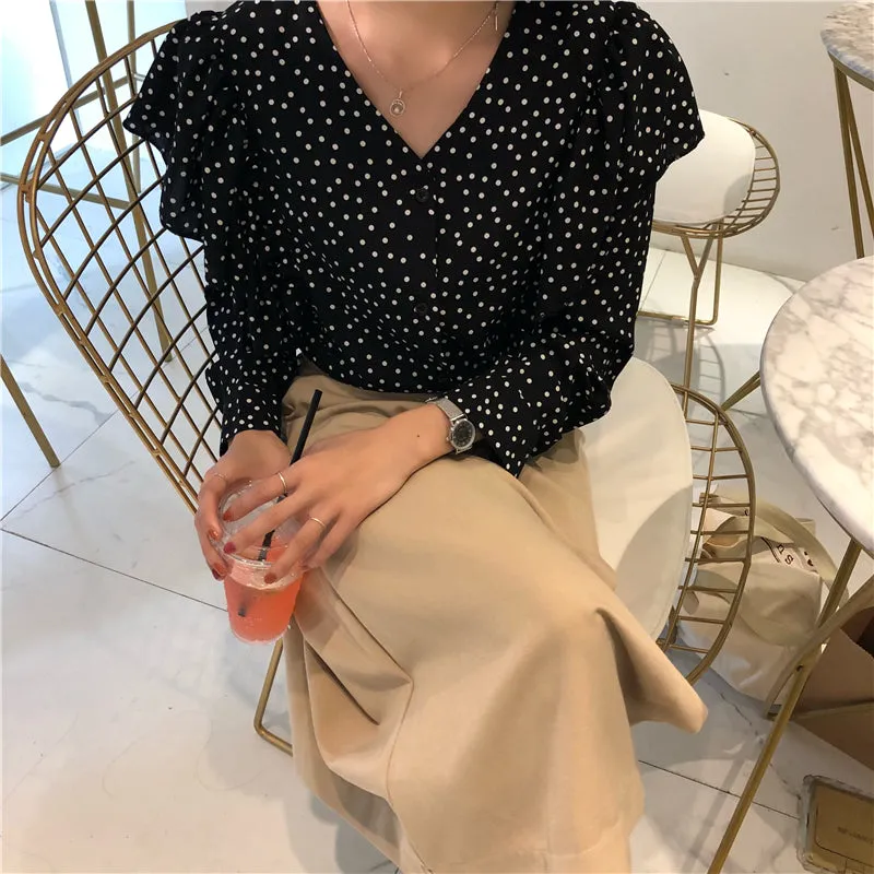 [Korean Style] Kaith V-neckline Poka Dot Blouses