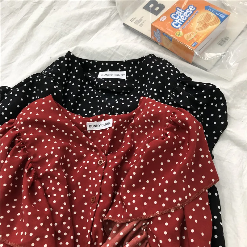 [Korean Style] Kaith V-neckline Poka Dot Blouses