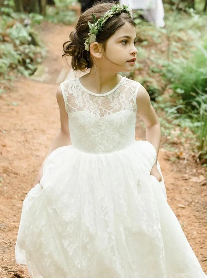 Lace A-Line Jewel Tea-Length Backless Flower Girl Dress PF116