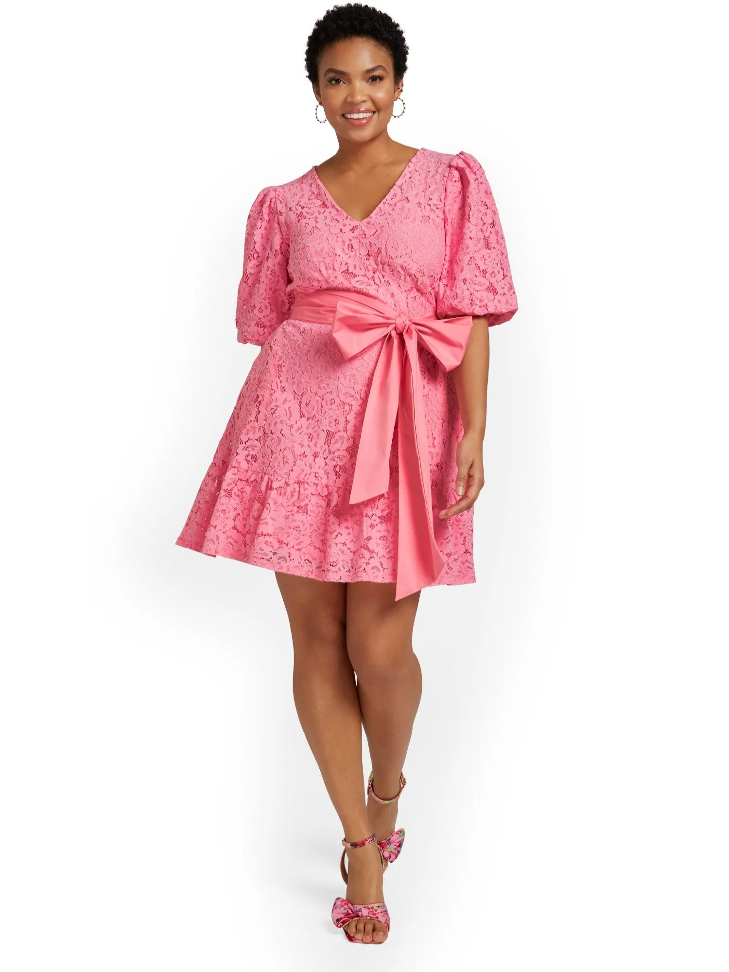 Lace Puff-Sleeve Shift Dress