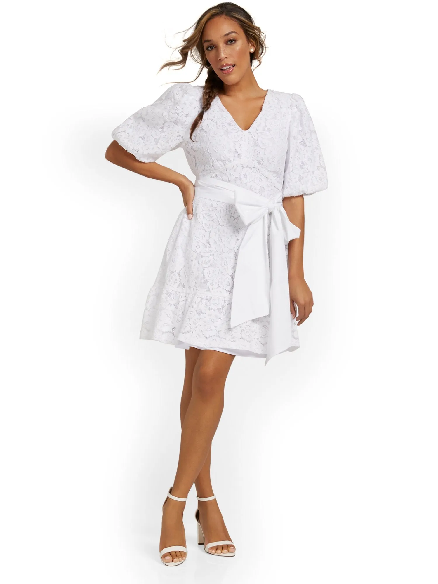 Lace Puff-Sleeve Shift Dress