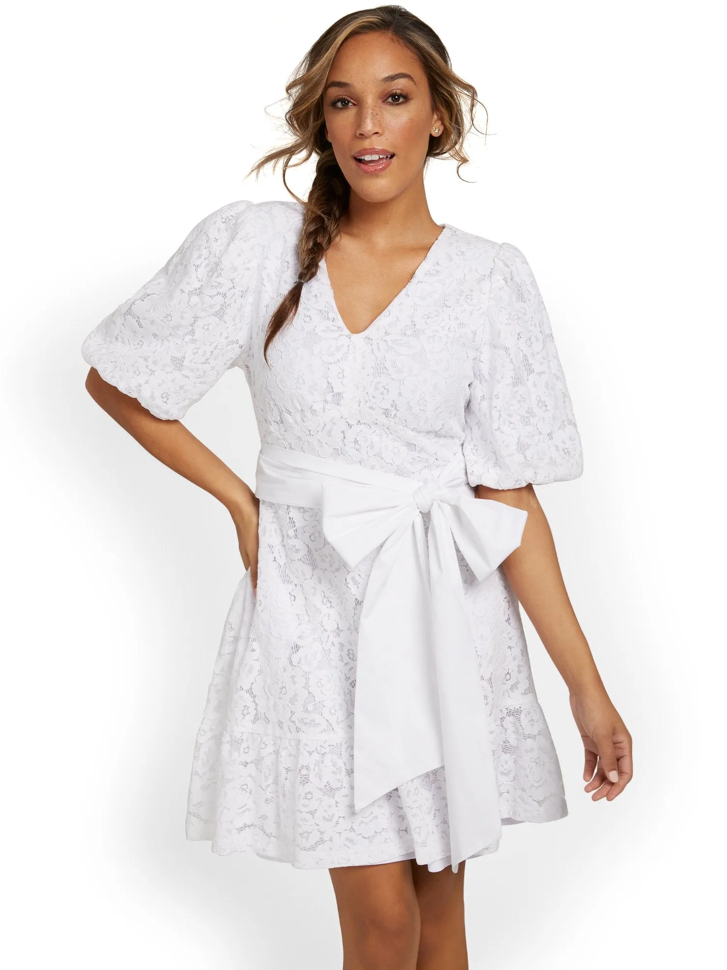 Lace Puff-Sleeve Shift Dress