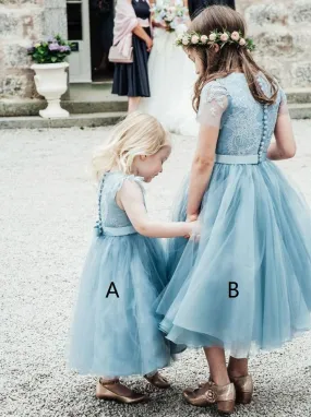 Light Sky Blue A-line Lace Tea-Length Tulle Flower Girl Dress PF118