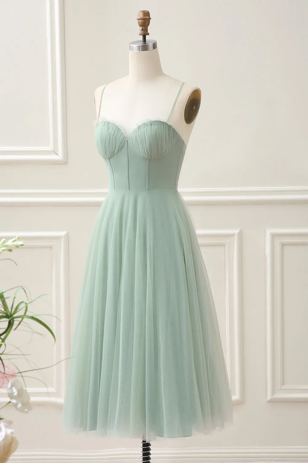 Matcha A Line Spaghetti Straps Corset Tulle Tea-Length Dress