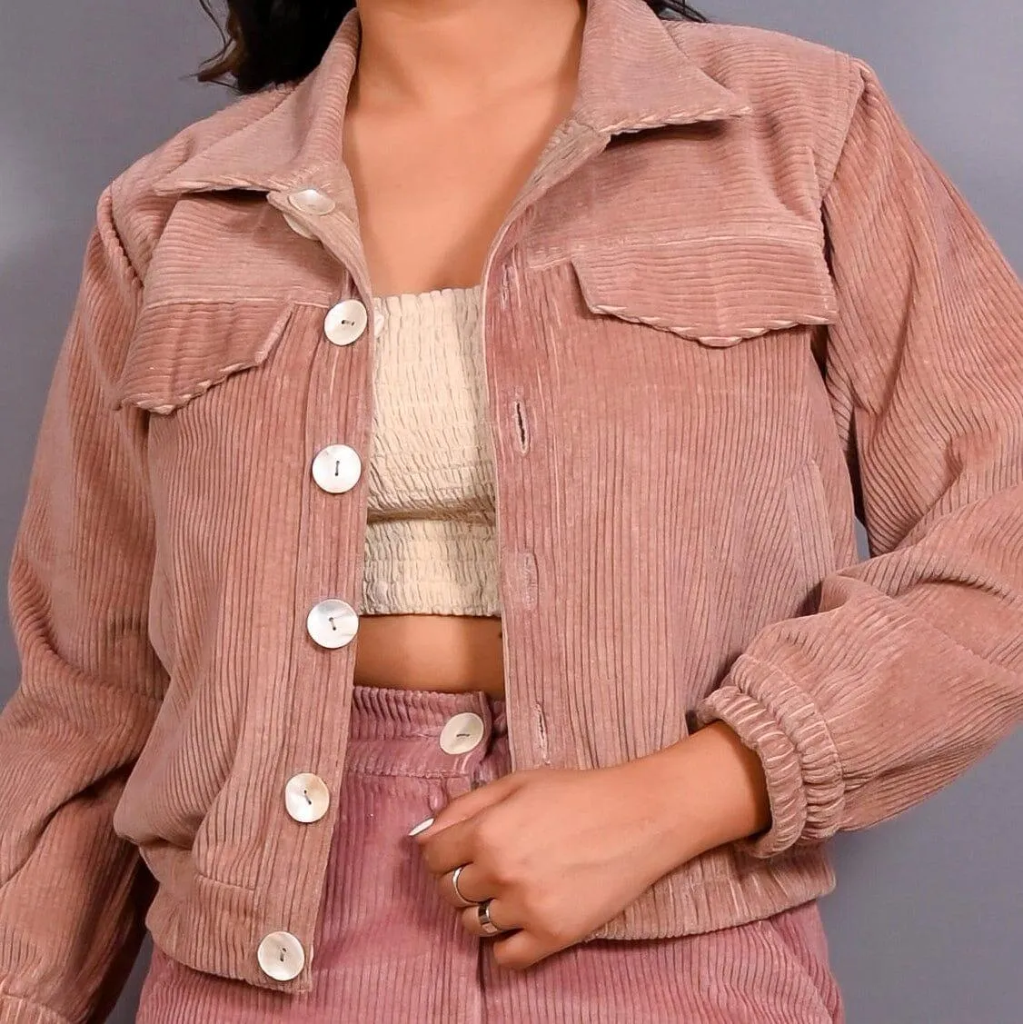 Mauve Warm Cotton Corduroy Short Bomber Jacket