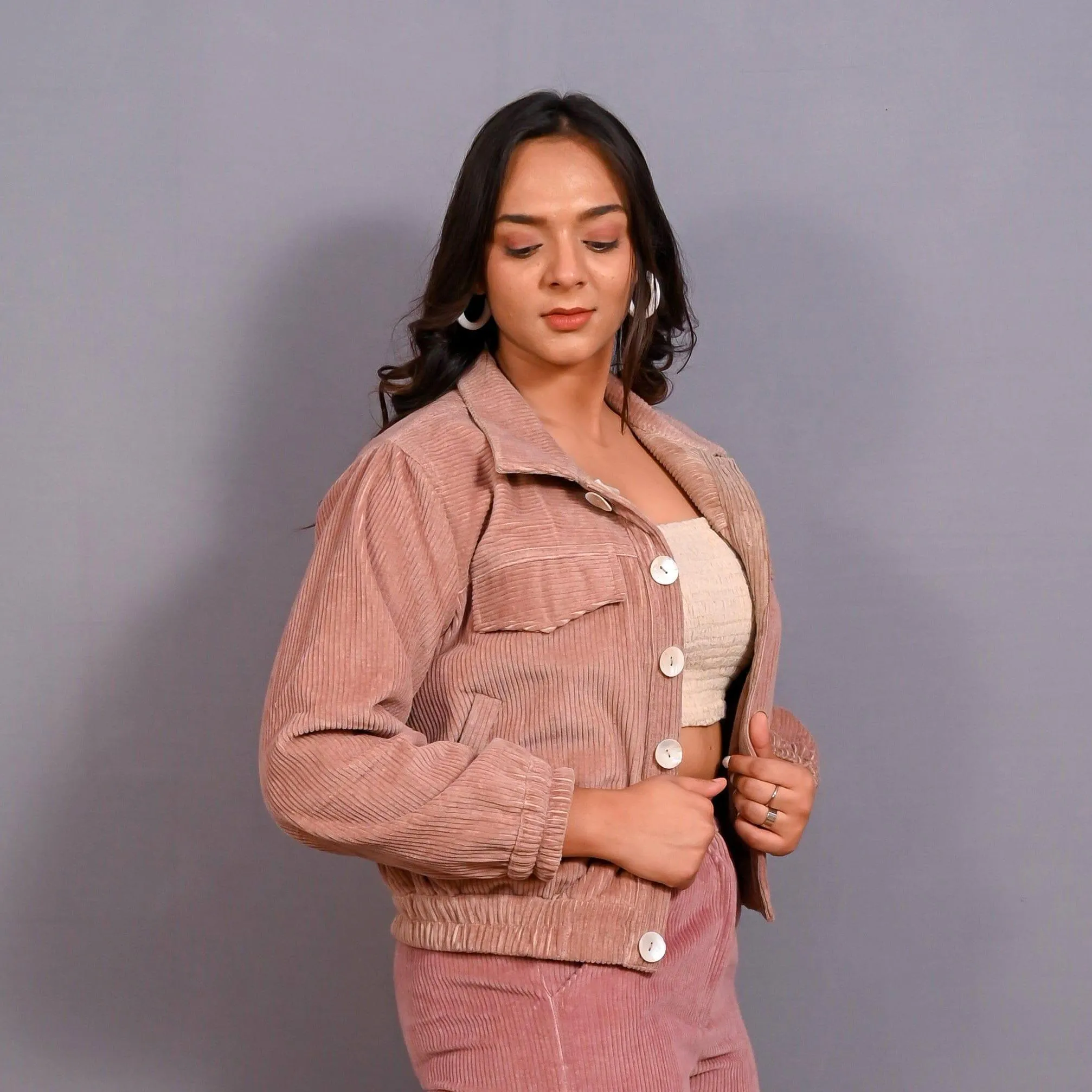 Mauve Warm Cotton Corduroy Short Bomber Jacket