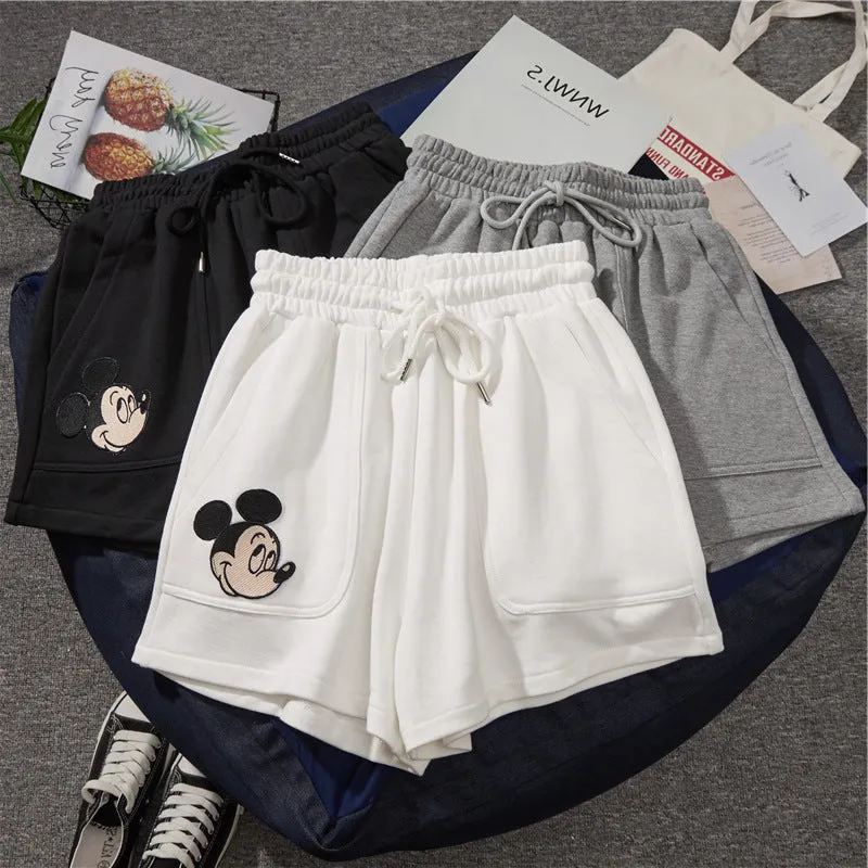 Mickey Mouse Gym Shorts Women Summer Loose High Waist Straight Hong Kong Pants Wide Leg Casual Mid-Length Pants