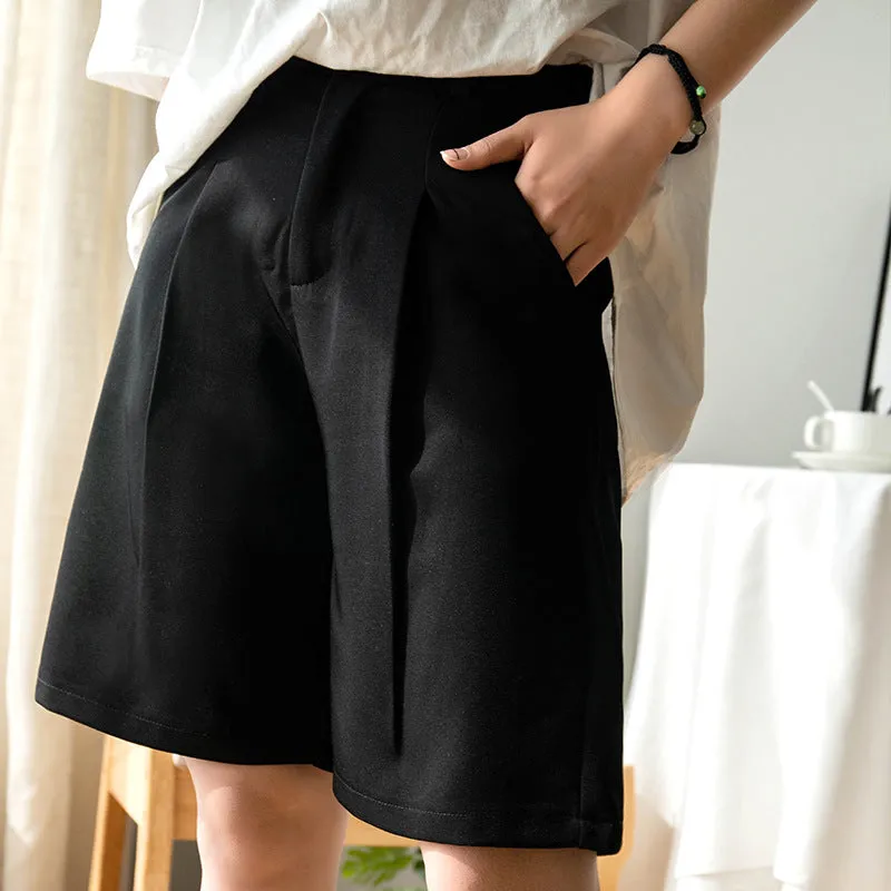 Mid-Length Suits Shorts Women Summer Wool Loose Thin High Waist A-Line Drape Slim Look Wide Leg Straight Hong Kong Pants Bermuda Shorts