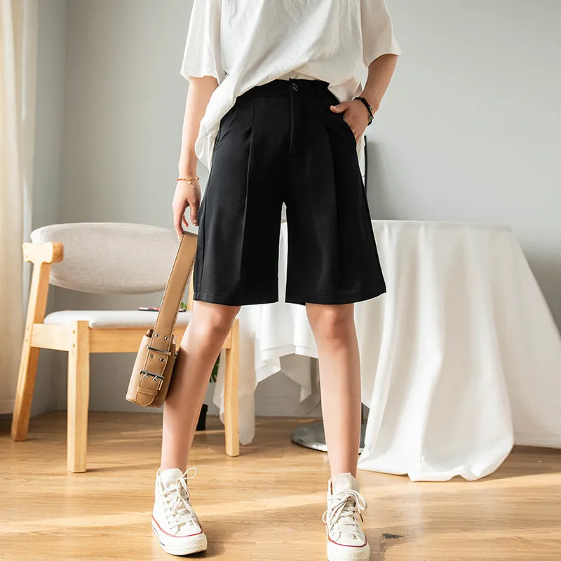 Mid-Length Suits Shorts Women Summer Wool Loose Thin High Waist A-Line Drape Slim Look Wide Leg Straight Hong Kong Pants Bermuda Shorts