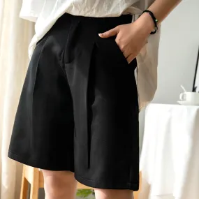 Mid-Length Suits Shorts Women Summer Wool Loose Thin High Waist A-Line Drape Slim Look Wide Leg Straight Hong Kong Pants Bermuda Shorts