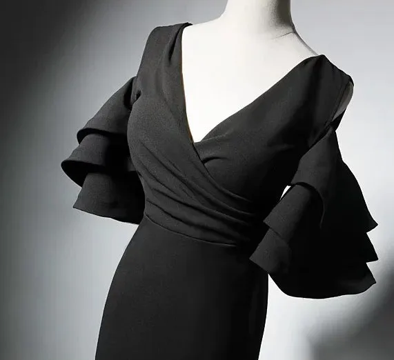 Modern vintage V neck tea length little black modern chic prom party dress with ruffles sleeves