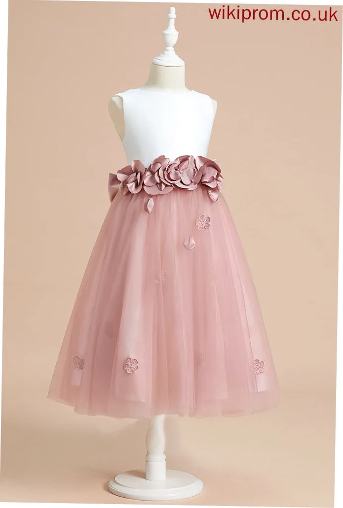 Neck Flower(s)/Bow(s) Flower With - Tea-length Dress Flower Girl Dresses Girl A-Line Scoop Yadira Satin/Tulle Sleeveless