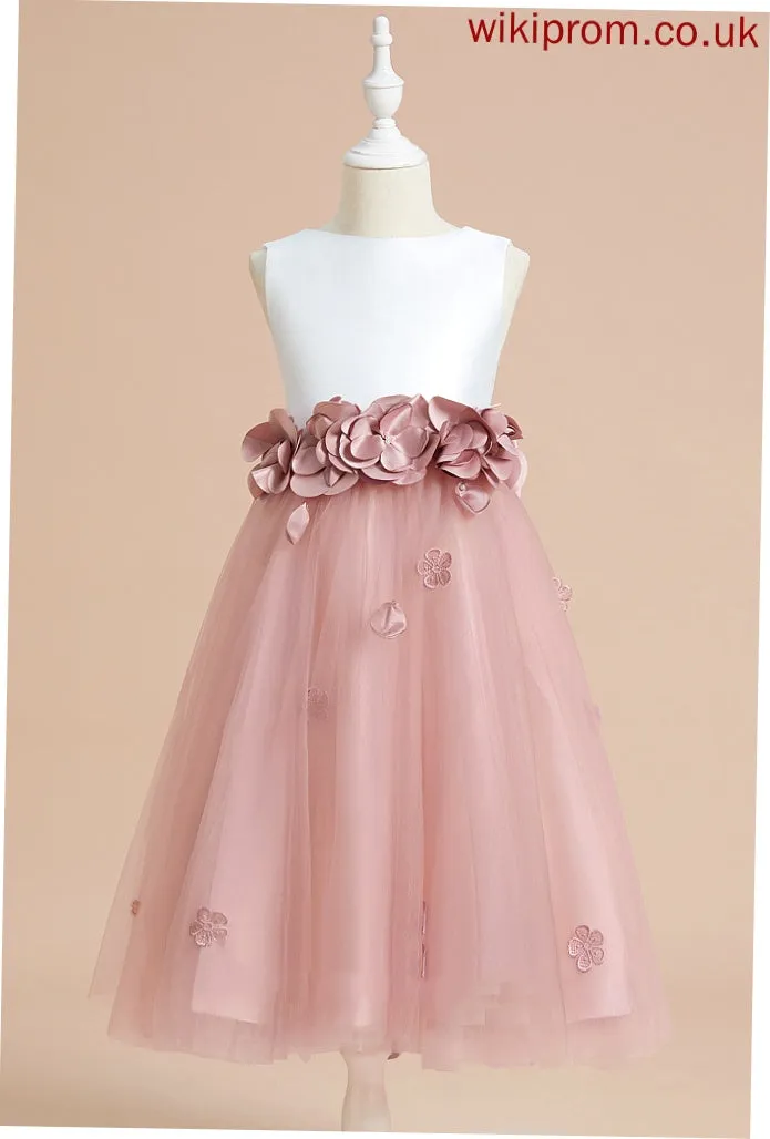 Neck Flower(s)/Bow(s) Flower With - Tea-length Dress Flower Girl Dresses Girl A-Line Scoop Yadira Satin/Tulle Sleeveless