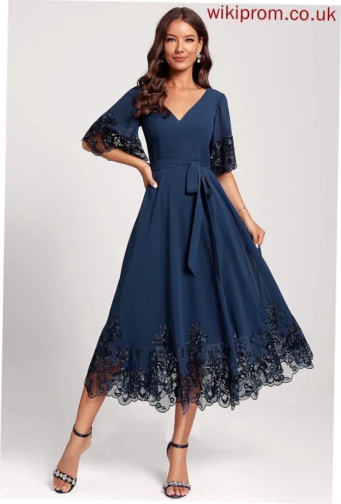 Novia Lace Club Dresses With Tea-Length Chiffon Cocktail A-Line Dress V-neck Sequins