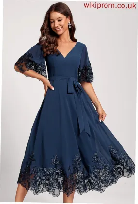 Novia Lace Club Dresses With Tea-Length Chiffon Cocktail A-Line Dress V-neck Sequins