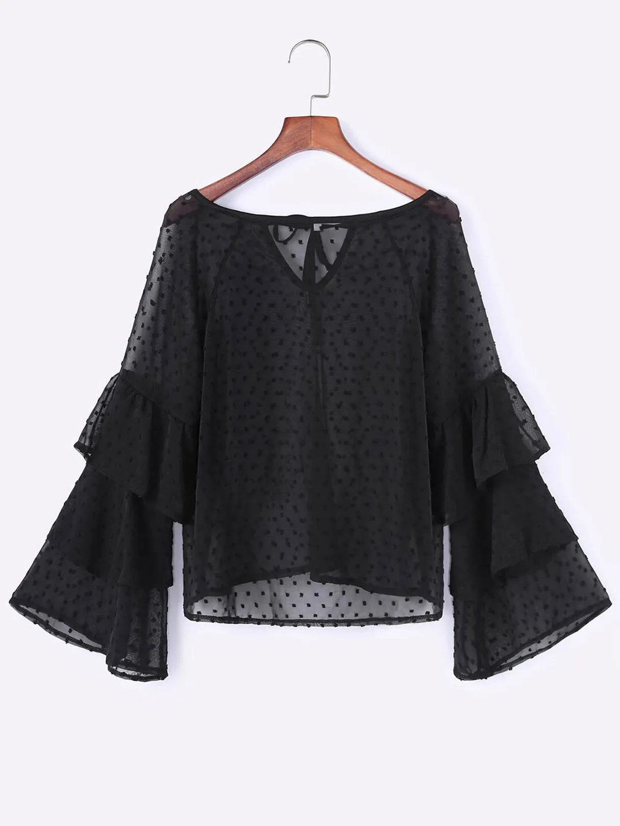 OEM ODM Round Neck Polka Dot Tiered Cut Out Self-Tie Long Sleeve Black Blouses