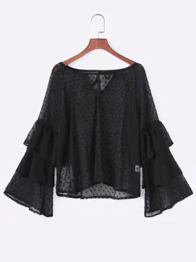 OEM ODM Round Neck Polka Dot Tiered Cut Out Self-Tie Long Sleeve Black Blouses