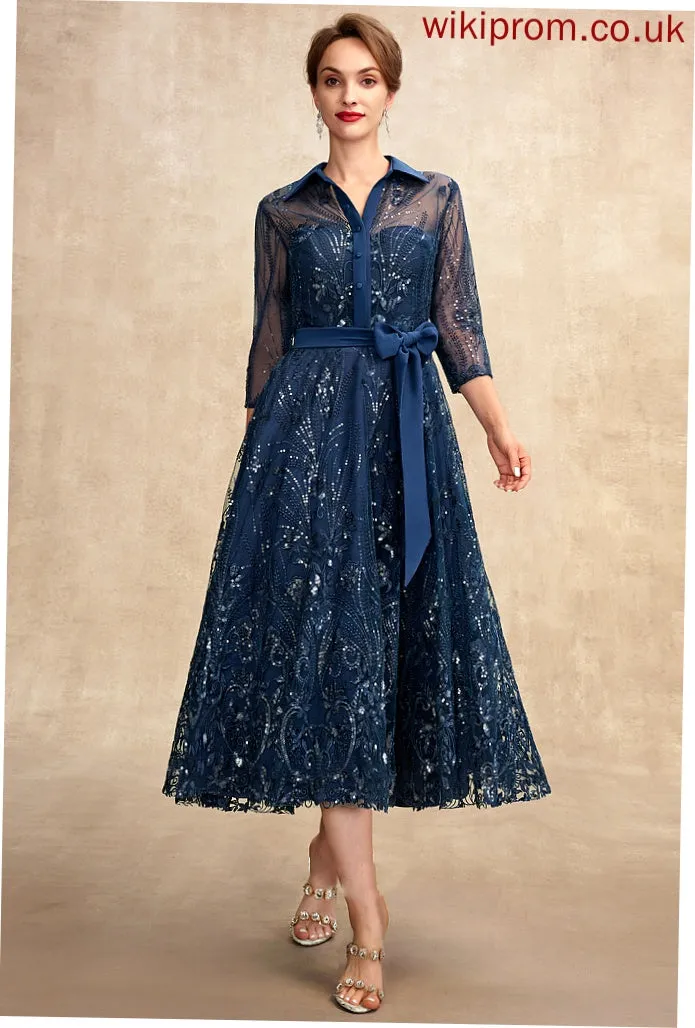 of With Bow(s) the Bride Lace Sequins Mother A-Line Dress V-neck Mother of the Bride Dresses Chiffon Elva Tea-Length