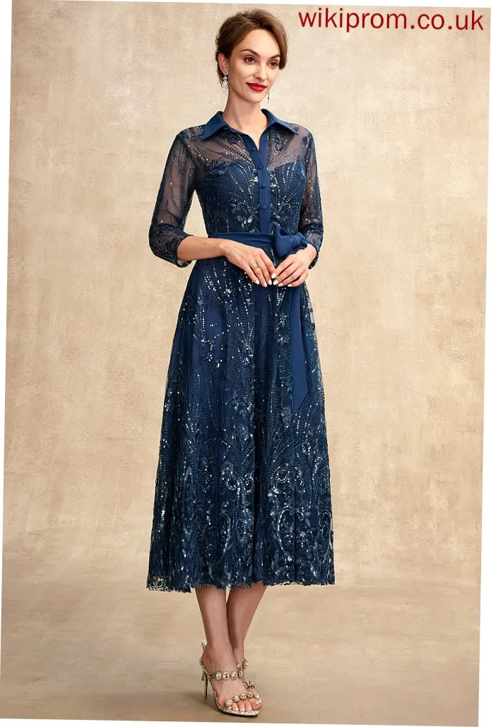 of With Bow(s) the Bride Lace Sequins Mother A-Line Dress V-neck Mother of the Bride Dresses Chiffon Elva Tea-Length