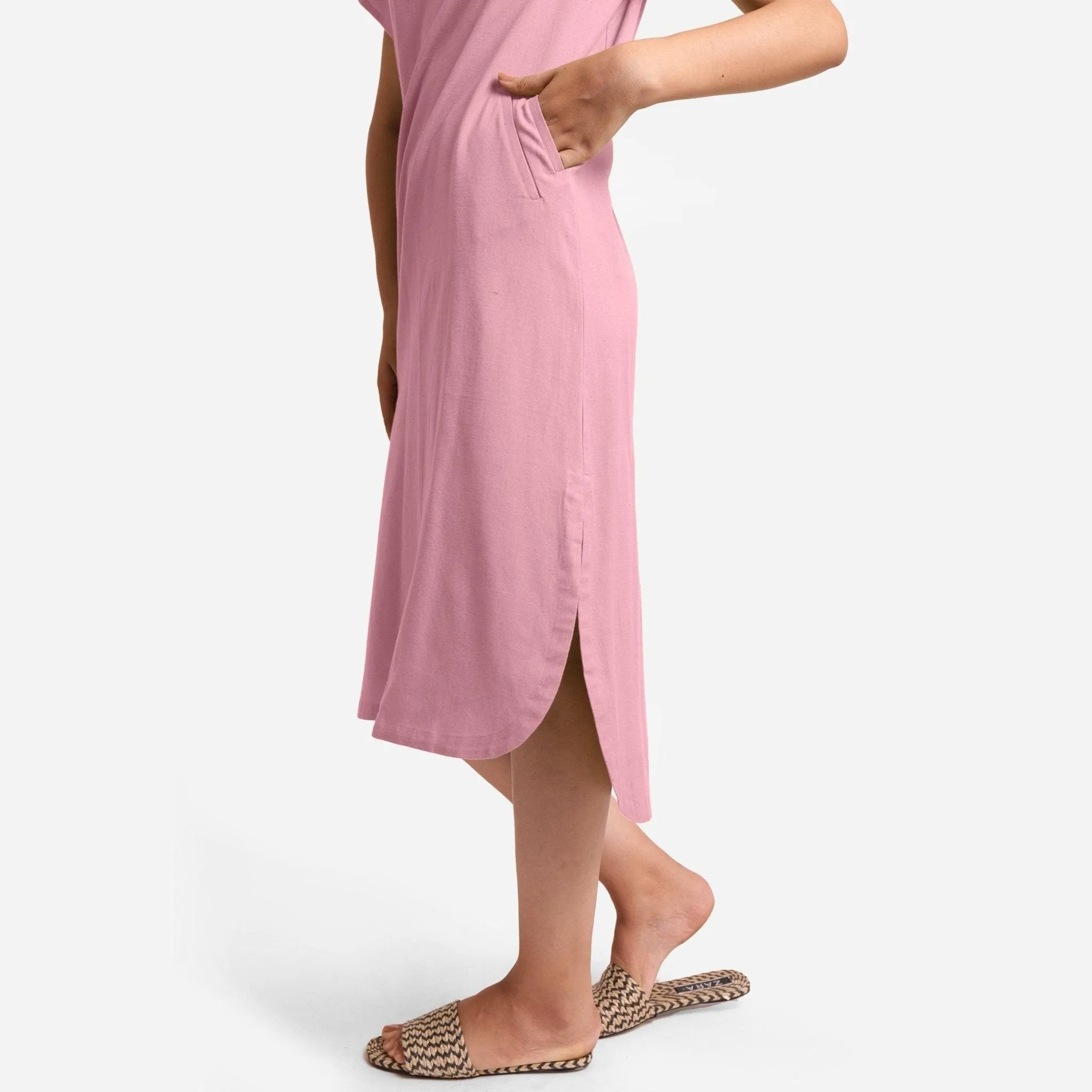 Pink Cotton Flax High-Low Midi Shift Dress