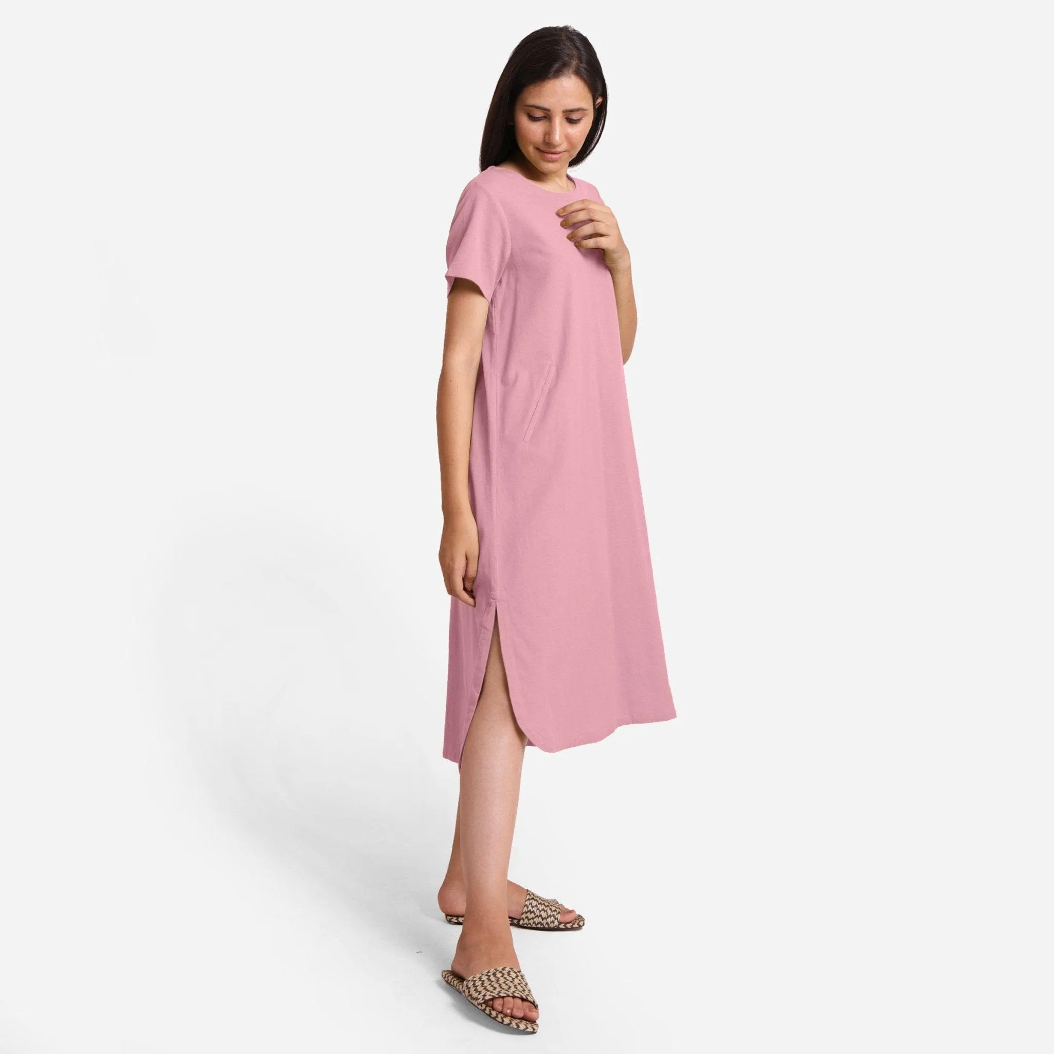 Pink Cotton Flax High-Low Midi Shift Dress