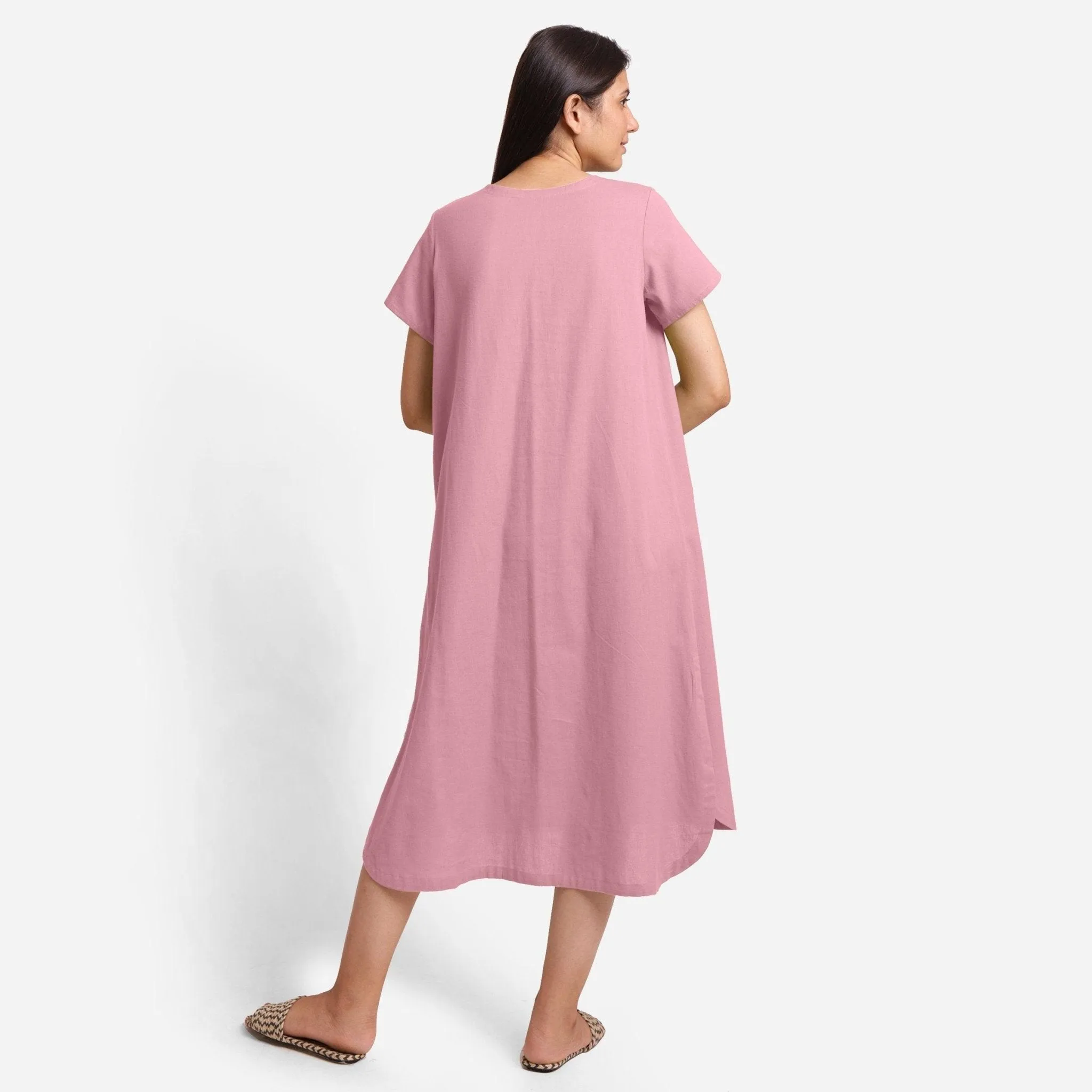 Pink Cotton Flax High-Low Midi Shift Dress