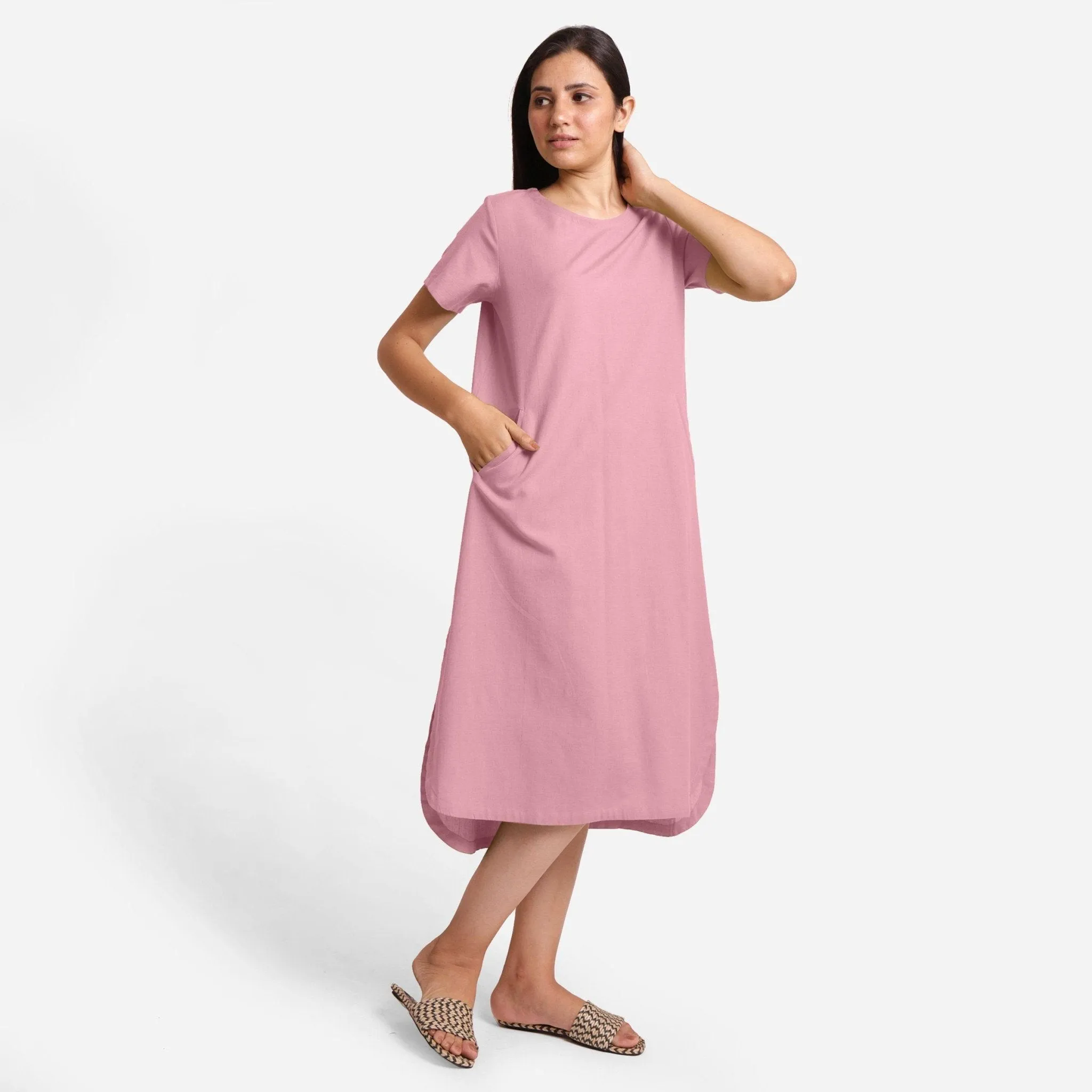 Pink Cotton Flax High-Low Midi Shift Dress