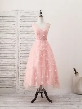 Pink Tulle Lace Tea Length Prom Dress, Pink Homecoming Dress