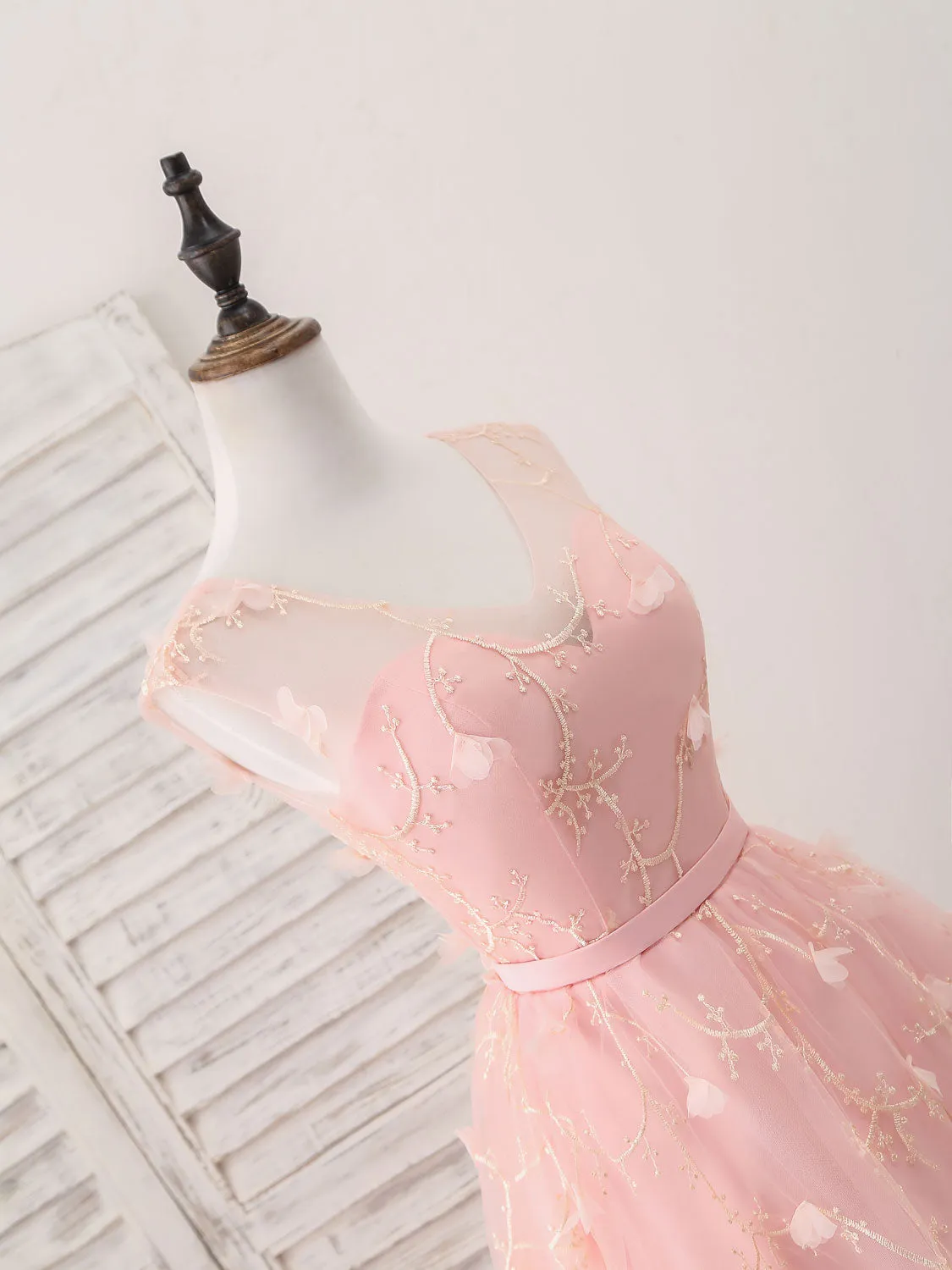 Pink Tulle Lace Tea Length Prom Dress, Pink Homecoming Dress