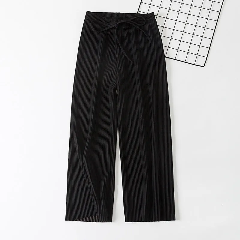 Pleated Wide Leg Women Chiffon Ankle-Length Korean High Waist Plus Size Loose Casual Straight Pants