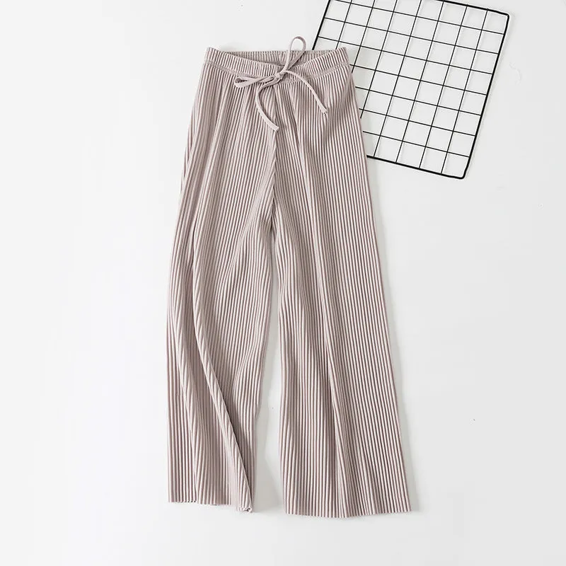 Pleated Wide Leg Women Chiffon Ankle-Length Korean High Waist Plus Size Loose Casual Straight Pants