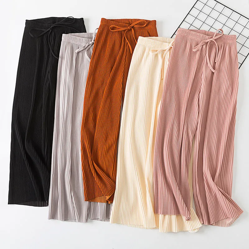 Pleated Wide Leg Women Chiffon Ankle-Length Korean High Waist Plus Size Loose Casual Straight Pants