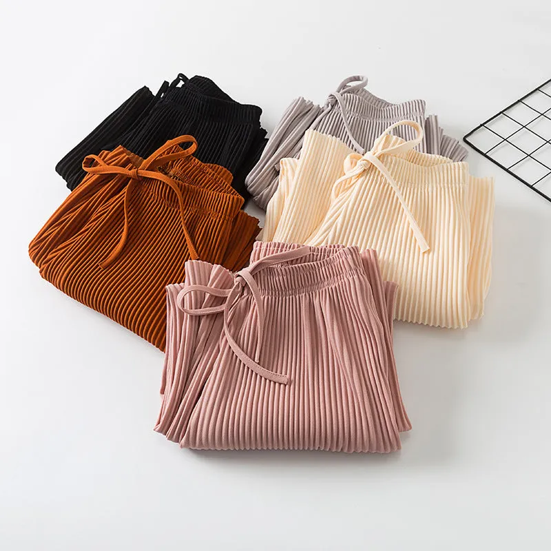 Pleated Wide Leg Women Chiffon Ankle-Length Korean High Waist Plus Size Loose Casual Straight Pants