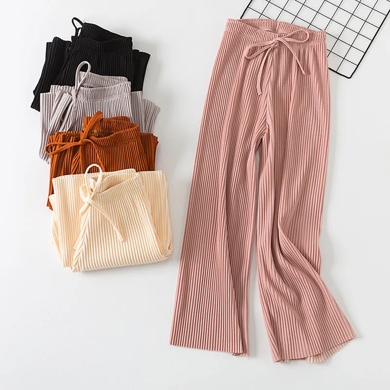 Pleated Wide Leg Women Chiffon Ankle-Length Korean High Waist Plus Size Loose Casual Straight Pants