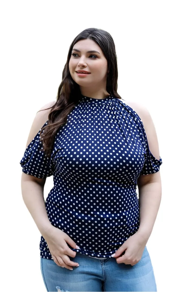 Plus Polka Dot Cold Shoulder Short Sleeve Back Self-tie Top