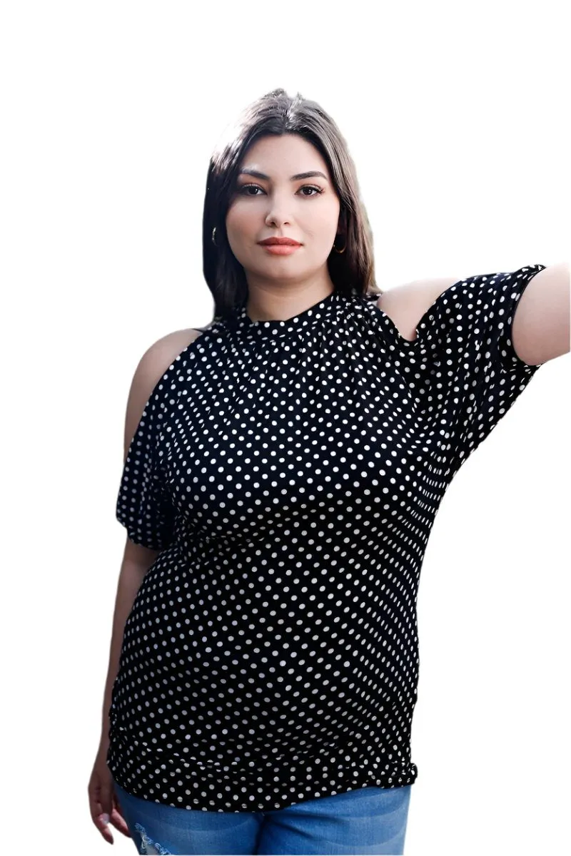 Plus Polka Dot Cold Shoulder Short Sleeve Back Self-tie Top