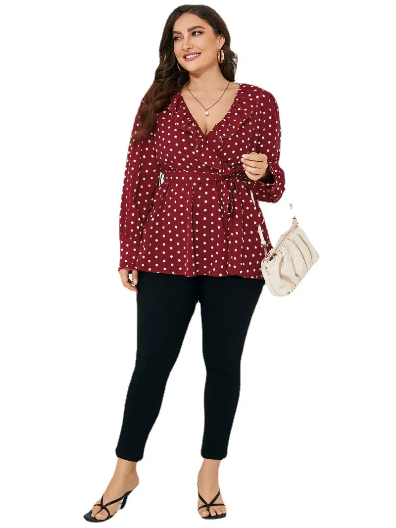 Plus Size Polka Dot Belt Design Ruffle Trim Long Sleeves Blouse