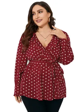 Plus Size Polka Dot Belt Design Ruffle Trim Long Sleeves Blouse