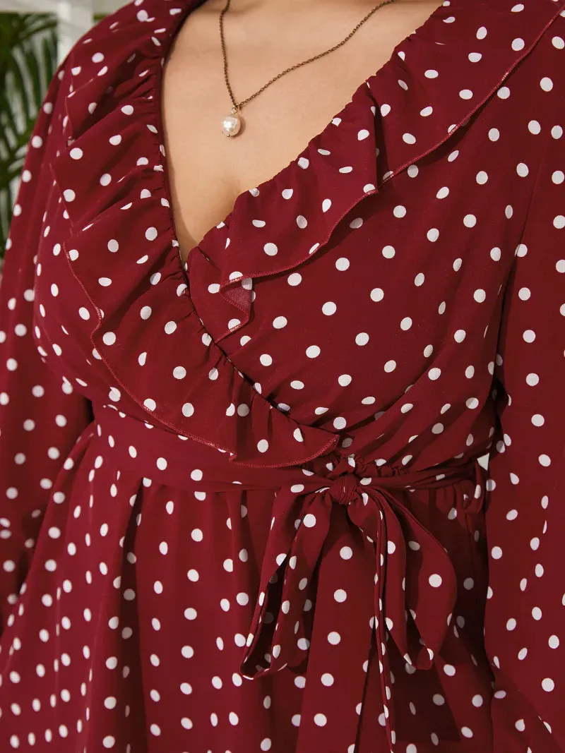 Plus Size Polka Dot Belt Design Ruffle Trim Long Sleeves Blouse