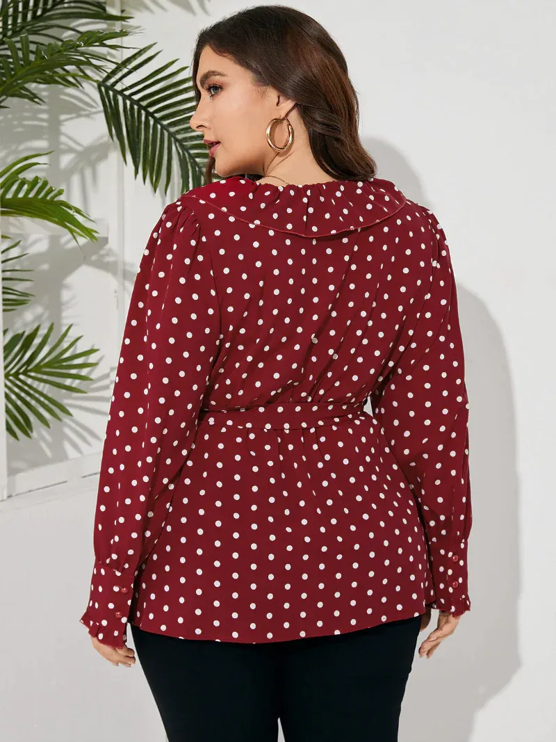 Plus Size Polka Dot Belt Design Ruffle Trim Long Sleeves Blouse